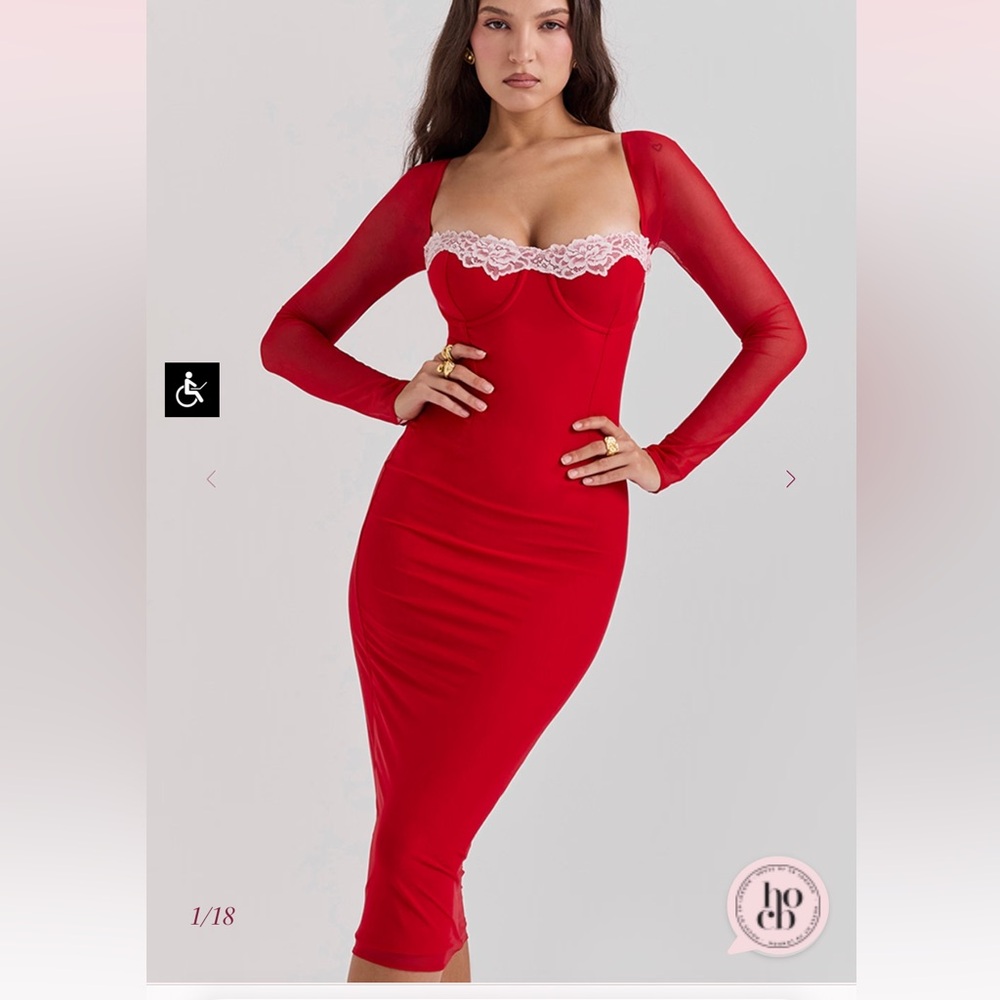 House of cb red Long Sleeve Dress with Lace Trim